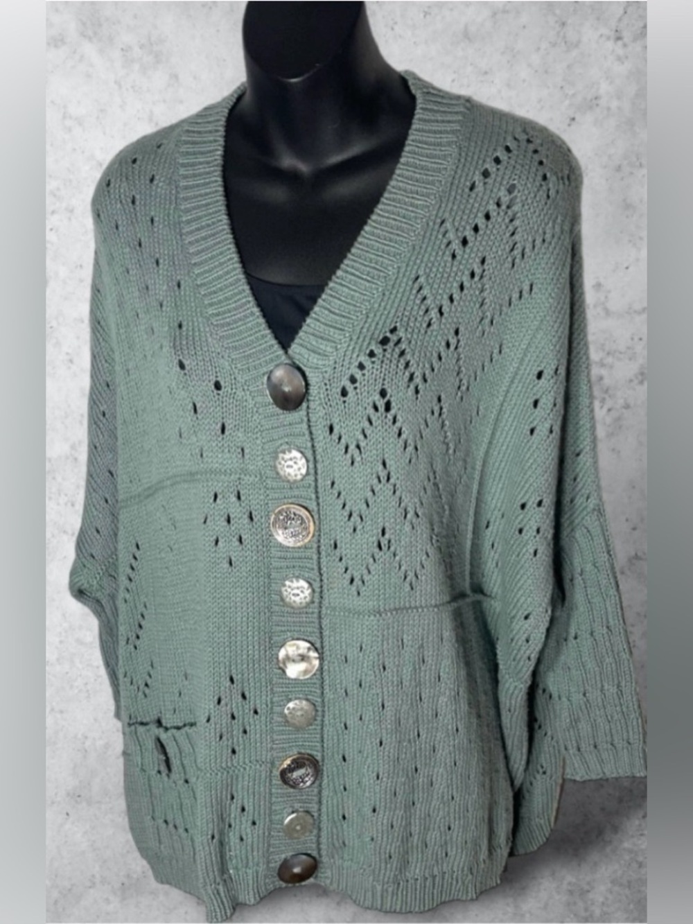 Pure Handknit Button Down 3/4 Sleeve Lt Sage Green Cardigan Size S / M